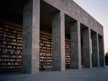 An architectural wide shot of a grand cultural venue in Beijing, soft natural evening light, structured geometric columns.