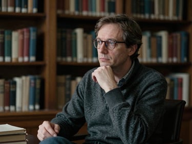 A thoughtful scholar in deep conversation, soft dramatic library light, deep muted tones, rich textures, 35mm film