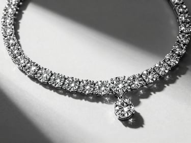 Extreme close-up of a luxury diamond necklace, dramatic shadows, sharp focus, high-contrast black and white photography