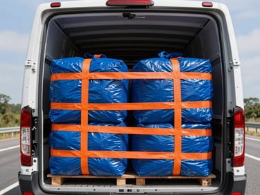 Interior of a clean dry van trailer, loaded with securely strapped cargo, bright daylight, safety orange straps, 35mm