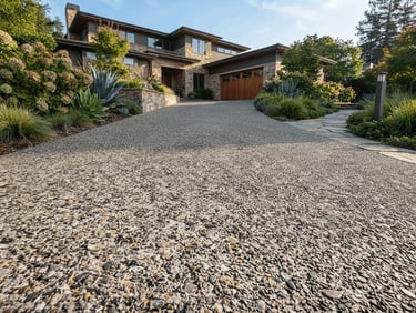 Modern luxury home featuring a decorative exposed aggregate driveway