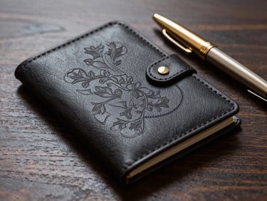 Macro shot of a debossed Italian leather portfolio and champagne-gold pen on dark wood, high-contrast studio lighting.