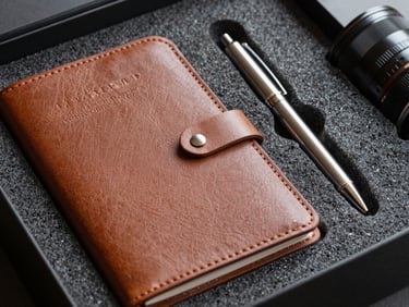 Close-up of a customized onboarding welcome kit with debossed Italian leather notebook and sleek metal pen in precision foam packaging