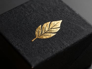 Close-up macro shot of gold-leaf branding debossed onto a heavy black linen gift box, soft directional key light highlighting the rich paper texture.