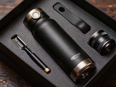 Close-up of an ultra-premium executive gift set featuring a matte black thermal bottle and gold-trimmed accessories