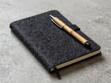 Recycled felt notebook and bamboo pen set on clean concrete surface, minimalist composition.