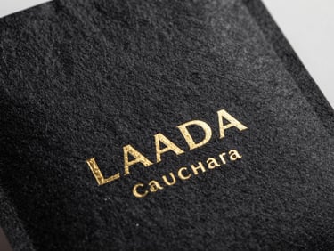 Macro shot of luxury branded packaging, showing gold foil stamping on heavy black linen paper texture