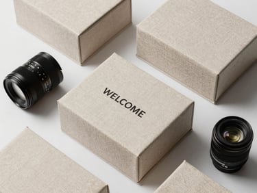 Overhead knolled layout of a modern employee welcome kit, linen box, minimalist design, studio lighting.