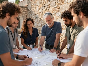 Small group of diverse community members gathered around a table of architectural drawings on-site, afternoon Mediterranean sunlight, relaxed and engaged expressions, stone wall visible behind them