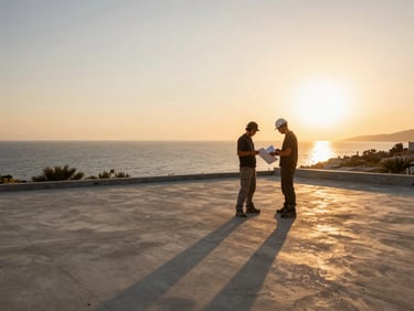 Freshly poured concrete terrace overlooking the Aegean Sea at golden hour, two workers in the foreground reviewing plans, warm orange light flooding the open space
