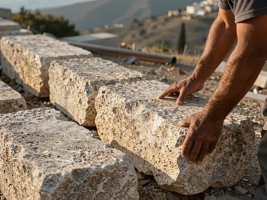 Close-up of rough limestone foundation blocks being laid by workers' hands on a sun-drenched Greek hillside, warm afternoon light raking across the stone texture