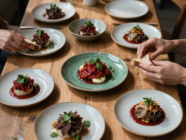 Overhead shot of a rustic wooden restaurant table filled with artisanal plates, natural Scandinavian light casting soft shadows, hands reaching for bread.