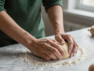 Close-up of flour-dusted hands kneading dough on a marble counter under soft window light, deep shadows.