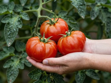 Hands holding freshly harvested heirloom tomatoes, rich crimson skins against matte green foliage, natural daylight.