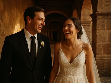 Candid portrait of a bride and groom laughing in a sunlit stone corridor of a San Miguel de Allende estate, soft warm light, 35mm film style, rich textures