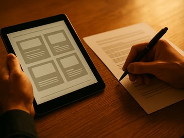 Warm editorial photography, high-contrast golden-hour light, close-up of hands reviewing digital layouts and signing legal documents on a warm oak desk, 35mm film.