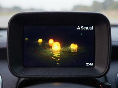 A Sea.ai thermal night vision camera feed displayed on a modern helm screen, showing clear heat signatures of obstacles in dark water