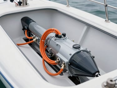 A clean, modern Water World electric propulsion motor installation in a sailboat bilge, organized orange cabling