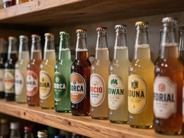A row of colorful artisanal sodas and local ciders arranged neatly on a wooden shelf under warm light.