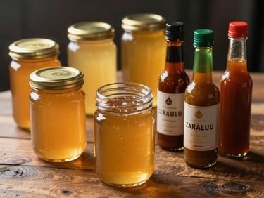 Glass jars of golden local honey and small-batch hot sauces on a rustic wooden display table.
