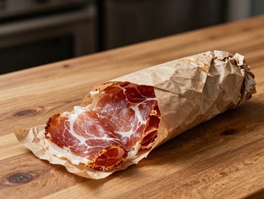 Freshly sliced prosciutto and smoked turkey wrapped in brown butcher paper on a clean wooden counter.