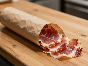Close-up of freshly sliced prosciutto being wrapped in brown butcher paper at a wooden deli counter, warm natural lighting, shallow depth of field.