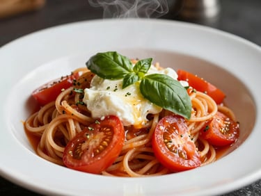A bowl of fresh heirloom tomato pasta with torn basil and melted mozzarella, close-up, warm steam rising