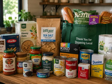 Variety of grocery store items like pasta, canned goods, and snacks on a kitchen counter with a green reusable bag.