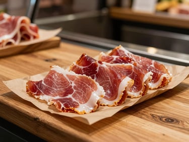 Freshly sliced prosciutto wrapped in brown butcher paper on a wooden counter, warm market light, deli case in the background.