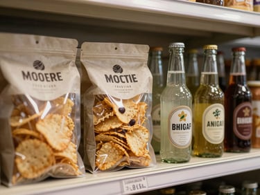 A neat shelf arrangement of artisanal potato chips, gourmet crackers, and small-batch glass soda bottles.