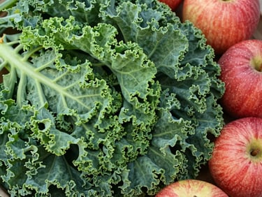 Close up of hand-stacked, vibrant green heirloom kale and ripe red apples with natural textures, soft daylight.