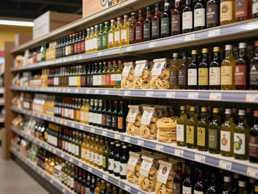 A beautifully organized grocery aisle with wooden shelves stocked with local craft beers, artisanal pastas, and fresh olive oils under soft market lighting