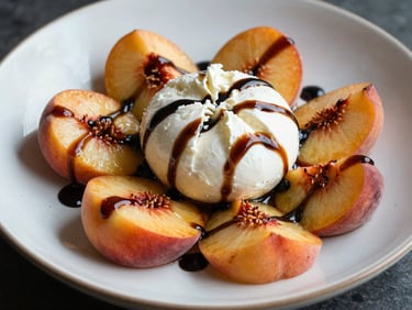 A crisp summer peach and burrata salad drizzled with dark balsamic glaze on a ceramic plate