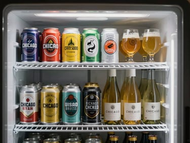 A well-lit cooler shelf filled with colorful cans of local Chicago craft beers and chilled white wine bottles.
