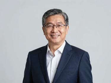 Professional headshot of a senior male academic with glasses, smiling, plain light grey background, sharp focus, corporate navy suit