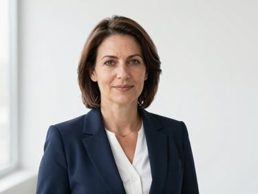 Professional headshot of a middle-aged female researcher, confident expression, neutral white studio background, corporate navy blazer
