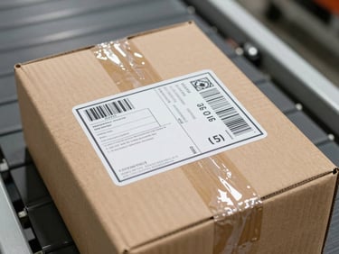 Close-up overhead shot of a brown cardboard parcel with a printed shipping label and barcode, resting on a sorting conveyor belt under bright diffused warehouse light, sharp label detail visible