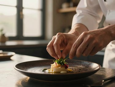 Intimate close-up of a chef's hands placing a garnish on a small tasting plate, dark ceramic dish, soft golden-hour light from a narrow kitchen window, blurred restaurant shelves in background