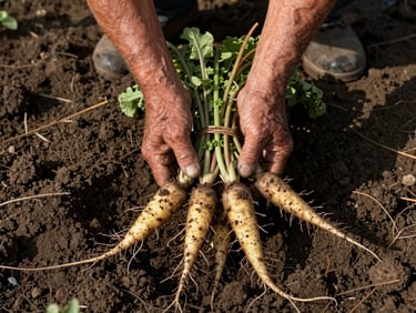 Overhead shot of a farmer's weathered hands holding a bunch of freshly pulled root vegetables over dark soil, morning light raking across the earth, no studio elements