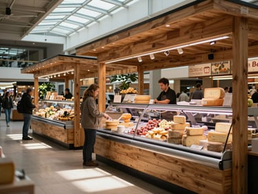 Wide environmental shot inside a modern food market — wooden vendor stalls, natural light pouring through a skylight, a market worker restocking a cheese display in a quiet pre-opening moment