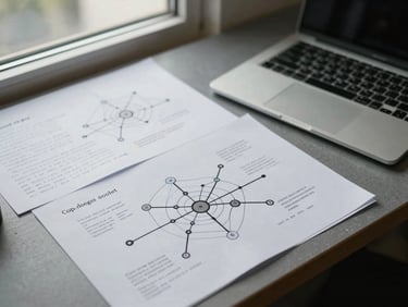 Angled overhead view of a work table with printed network topology diagrams and handwritten assessment notes spread across the surface, a closed laptop to one side, under diffuse natural daylight from a nearby window