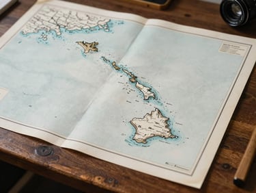 Aged ink-on-paper map sheet of the Hawaiian archipelago resting on a dark wood drafting table, soft shadows.