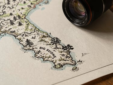 Macro flat-lay of a custom illustrated coastal map of Big Sur, hand-inked on heavy textured cotton paper, warm studio light.