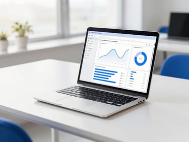 Bright modern office desk with a laptop showing a clean analytics dashboard, soft natural daylight, royal blue accents.