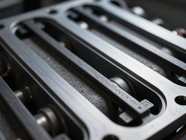 Industrial macro photography, high-contrast dramatic side-lighting, cool metallic tones, close-up of elastomeric and composite gaskets for commercial bus engines, 50mm