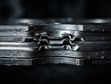 Industrial macro photography of multi-layer steel gasket edges, high-contrast dramatic side-lighting, cool metallic tones, sharp focus on material texture, 50mm