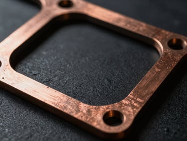 Industrial macro photography, high-contrast dramatic side-lighting, warm metallic copper tones, close-up of a copper motorcycle head gasket with precise die-cut edges, 50mm