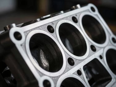 Industrial macro photography, high-contrast dramatic side-lighting, cool metallic tones, close-up of a heavy-duty multi-layer steel cylinder head gasket for a diesel truck, 50mm
