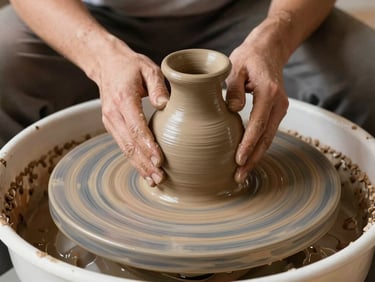 Hands shaping a terracotta clay vase on a spinning pottery wheel, wet clay texture, warm editorial light