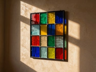 A vibrant vitray glass panel catching afternoon sunlight, casting colorful geometric shadows on a warm plaster wall